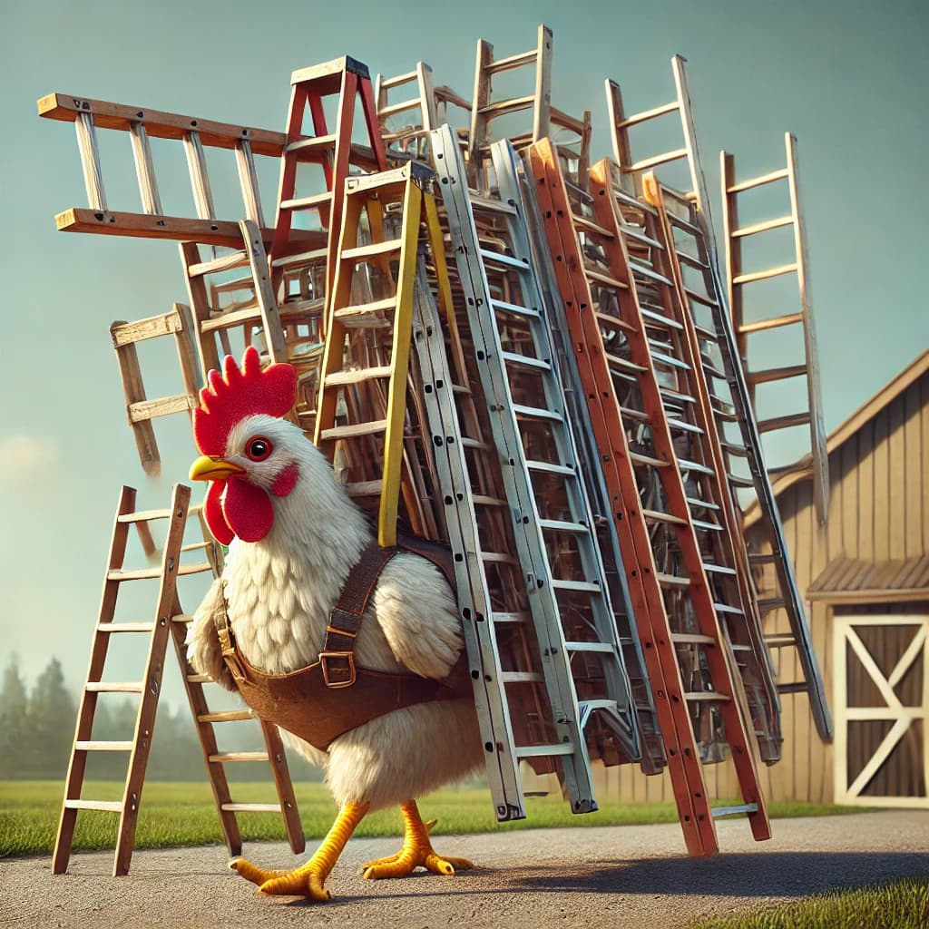 A chicken wearing overalls standing in front of various ladders